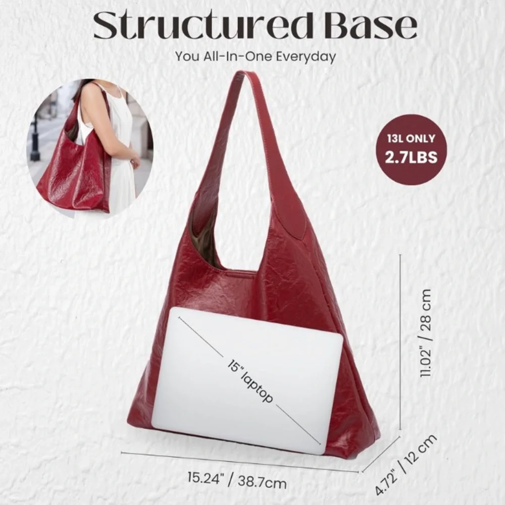 🌹🆕 Vegan Leather Red Burgundy Shoulder bag Slouchy Hobo Tote - Picture 5 of 6